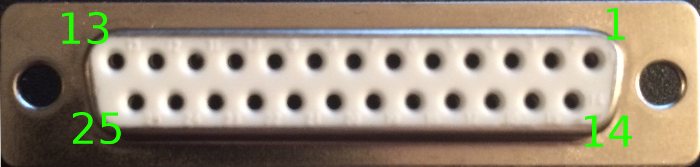 Eine SUB-D 25-Buchse mit vier eingezeichneten Anschlussnummern zur Orientierung